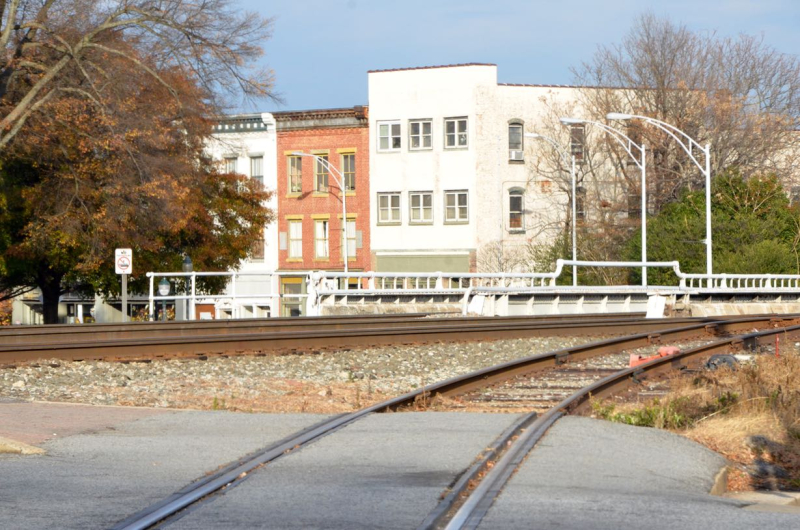 South Elm Street at the Railroad Tracks