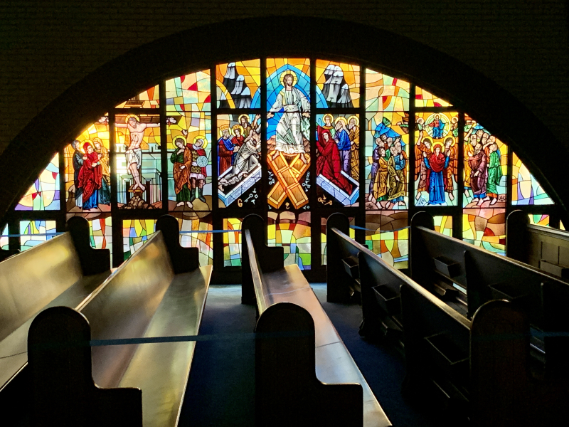 Interior View of Greek Orthodox Church: Stained Glass Windows